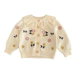 Spring Autumn New Children Girls Knit Cardigan Girl Cotton Embroidery Floral Long Sleeve Cardigan Sweater Knitted Sweater