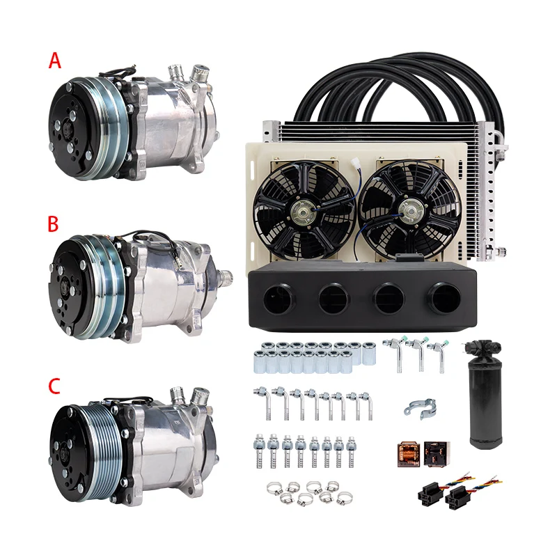 Universal Automotive 12V 24V A/C Air Conditioning Kit for Truck Minibus Van Tractor Digger RV Excavator AC Air parts