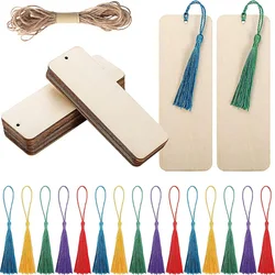 30/60pcs Wood Blank Bookmarks DIY Craft Wooden Bookmark Bulk Wooden Book Marks Hanging Tag with Tassel Jute Rope for Party Decor