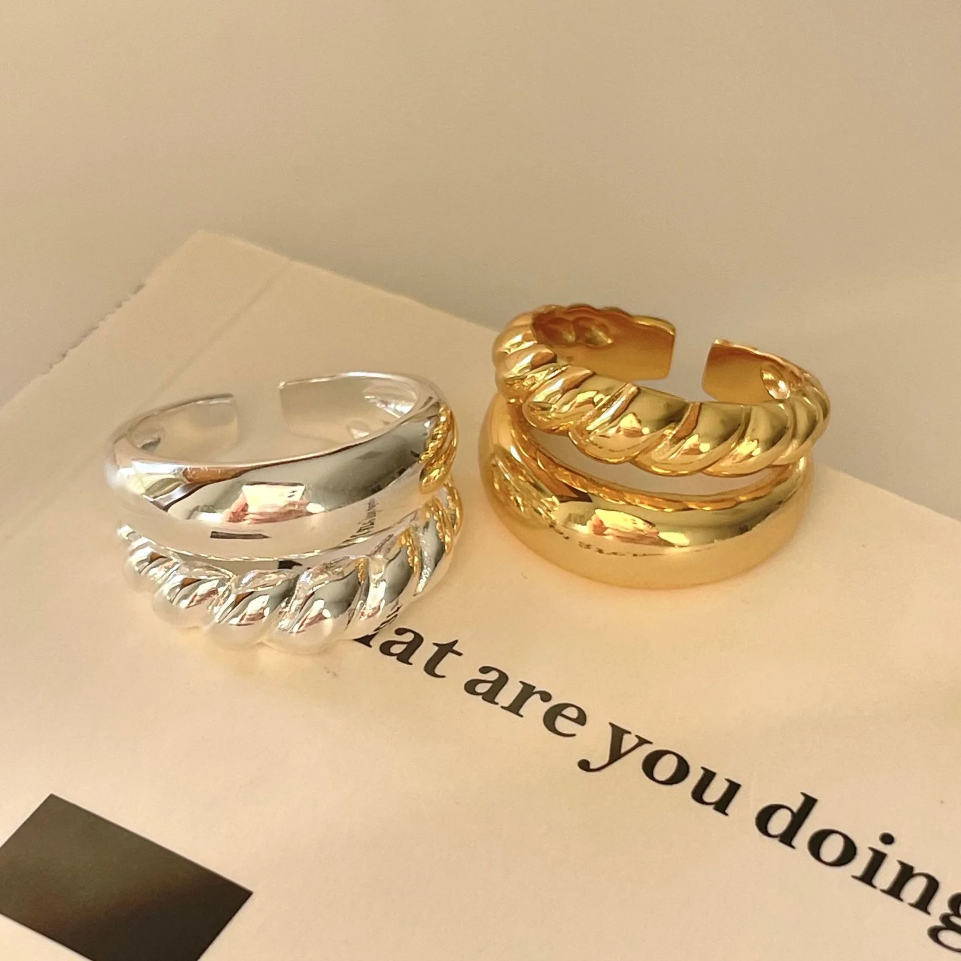 

BF CLUB 925 Sterling Rings for Women Fashion Geometric Handmade Irregular Double Layers Gold Ring Party Christmas Gift