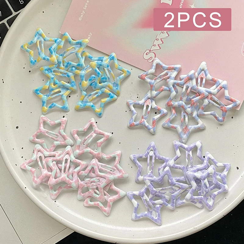 2PCS Ins Style Lattice Pentagram Star Candy Color Hair Clip For Women Harajuku Sweet Y2K Hairpins Aesthetic Hair Accessories