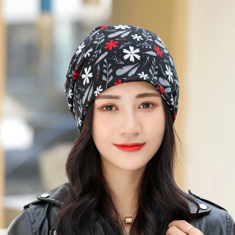 Vintage Women Beanies Caps Women's Spring and Summer Thin Pullover Cap Breathable Turban Cap Flowers Print Ear Warm Bonnet