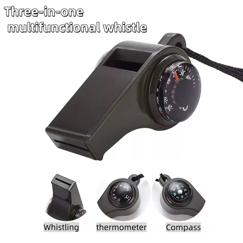Silbato de supervivencia tres en uno con brújula y termómetro para senderismo, ciclismo, pesca, entrenamiento y actividades de rescate.