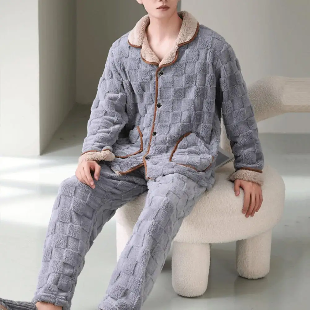 2 Pcs/Set Men Winter Loungewear Thick Plush Warm Coat Elastic Waist Pockets Coral Fleece Pants Set Pajamas Homewear Clothes