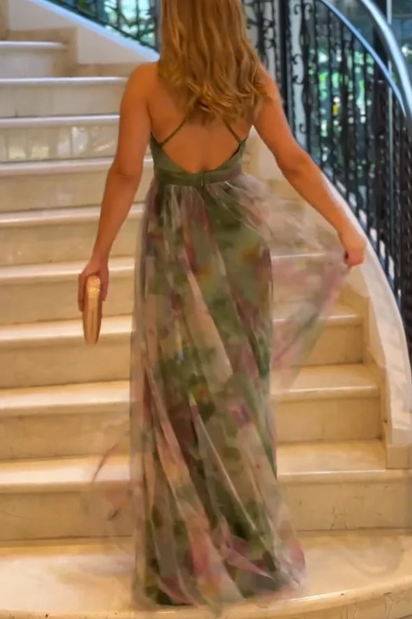 Women Summer New Mesh Printing Strap Dress Vacation Casual Long Loose Sleeveless Sexy Dress