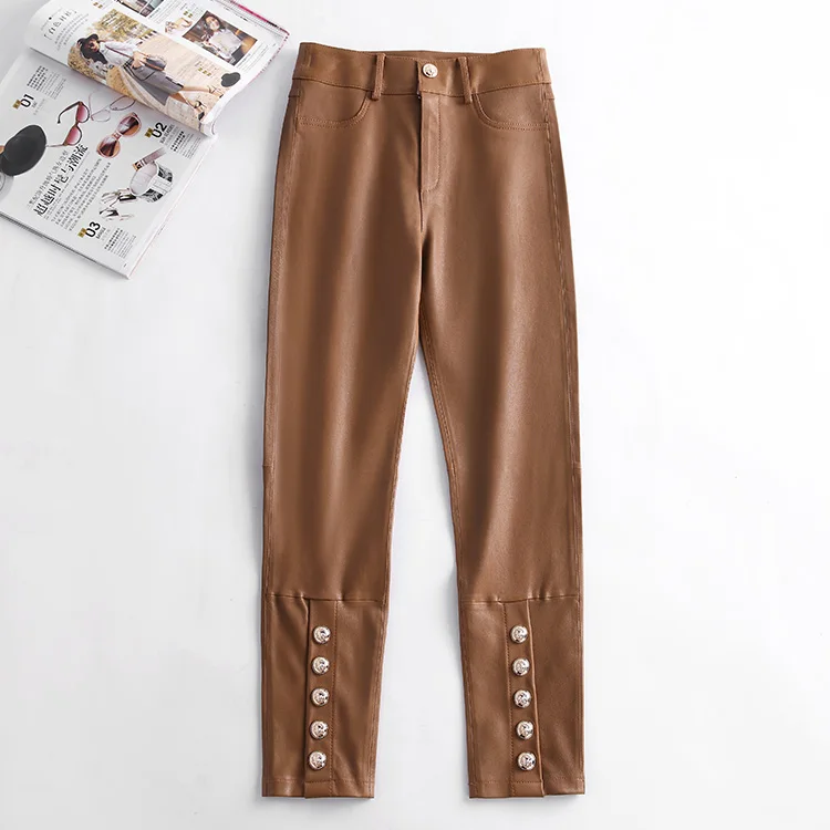 AYUNSUE Hohe Qualität Stretch Leder Hosen Frauen Hohe Taille Hosen Koreanische Mode Bleistift Hosen Hosen Ankle-länge Streetwear