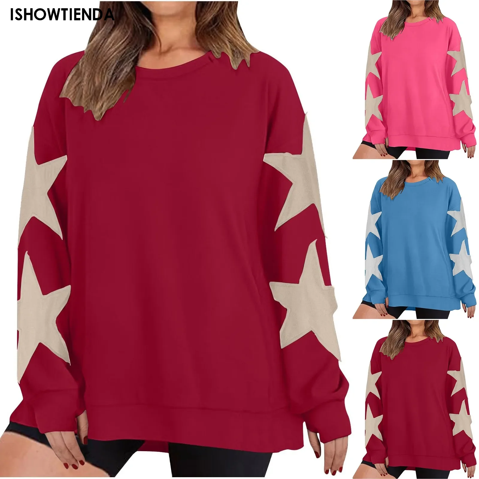 Sudadera holgada con estampado de estrellas para mujer, suéter de manga larga con cuello redondo, talla grande, Otoño e Invierno