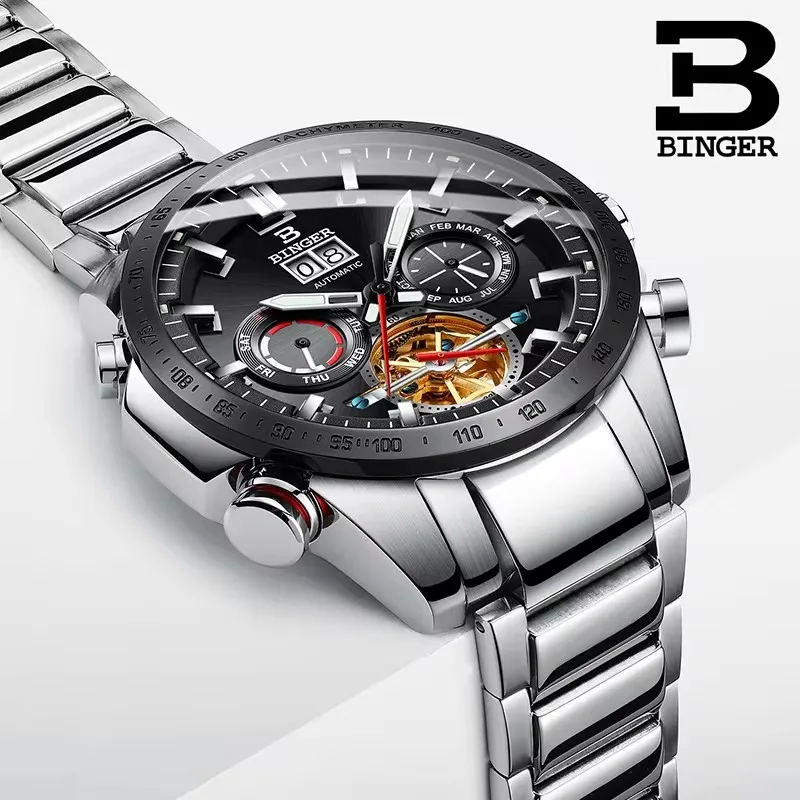 Original Luxury Switzerland BINGER Brand Watch Men automatic mechanical Luminous waterproof cool sports Full steel male fashion