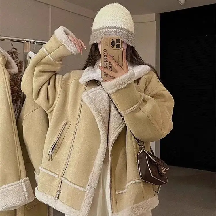 Korea Fur Velvet Padded Zipper Motorcycle Suit Autumn And Winter New Female Korean Version Loose Lamb Fur Coat Lady