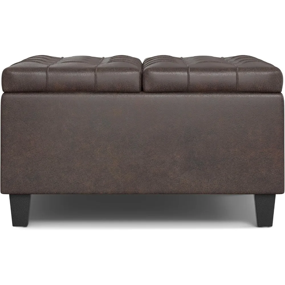 Harrison 30 Inch Wide Transitional Square Small Coffee Table Storage Ottoman In Distressed Brown Vegan Faux Leather, Assembled,