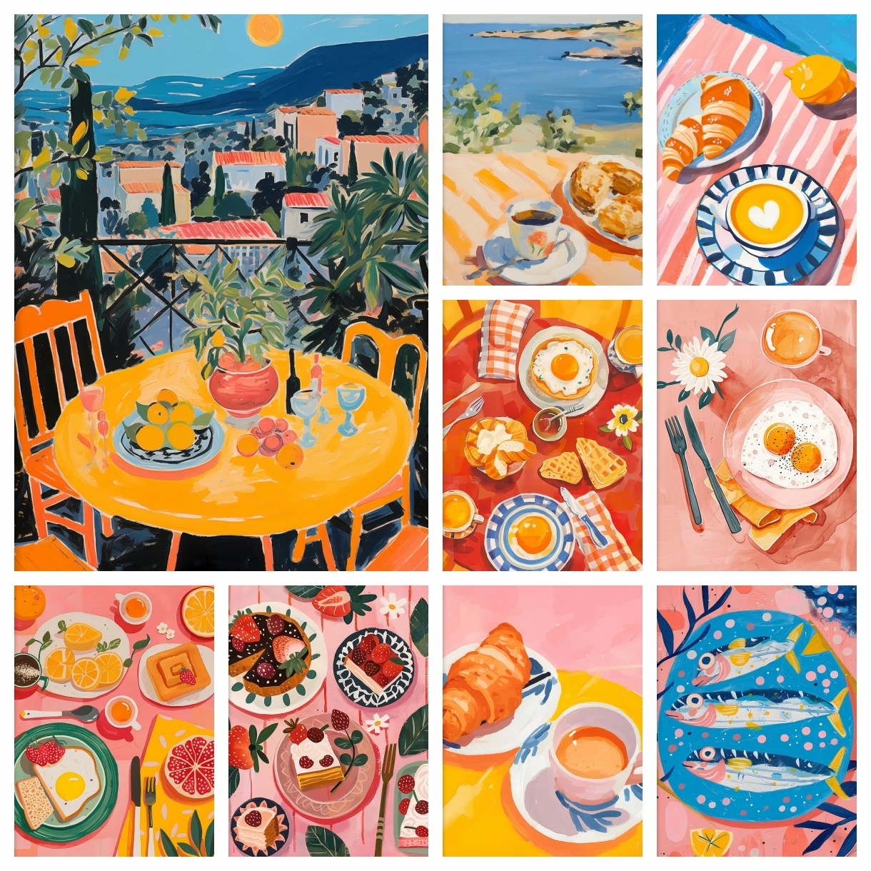 Kits de pintura de Arte de diamantes, cocina, comida, café, Croissant, Paella fresca, Pizza, fresa, bordado, mosaico, punto de cruz