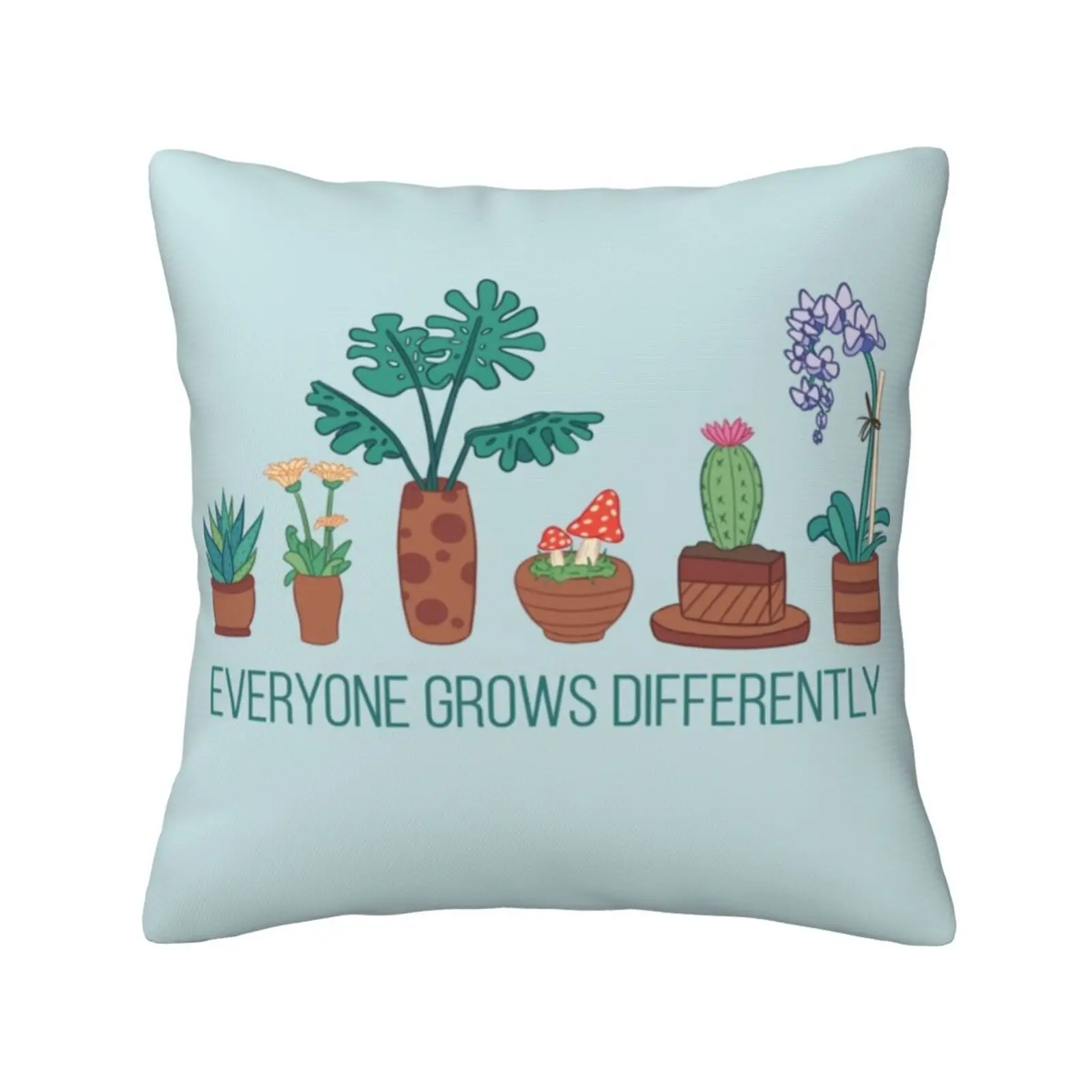 Everyone Grows Differently Throw Cushion Pillow Cover Self Love Positivity Positive Growth Self Care Diversity Plants Cactus