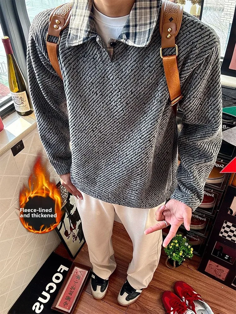 

Мужская зимняя трикотажная рубашка темно-серого цвета с флисовой подкладкой, длинным рукавом, повседневная, с защитой от сминания, стандартный крой, в полоску