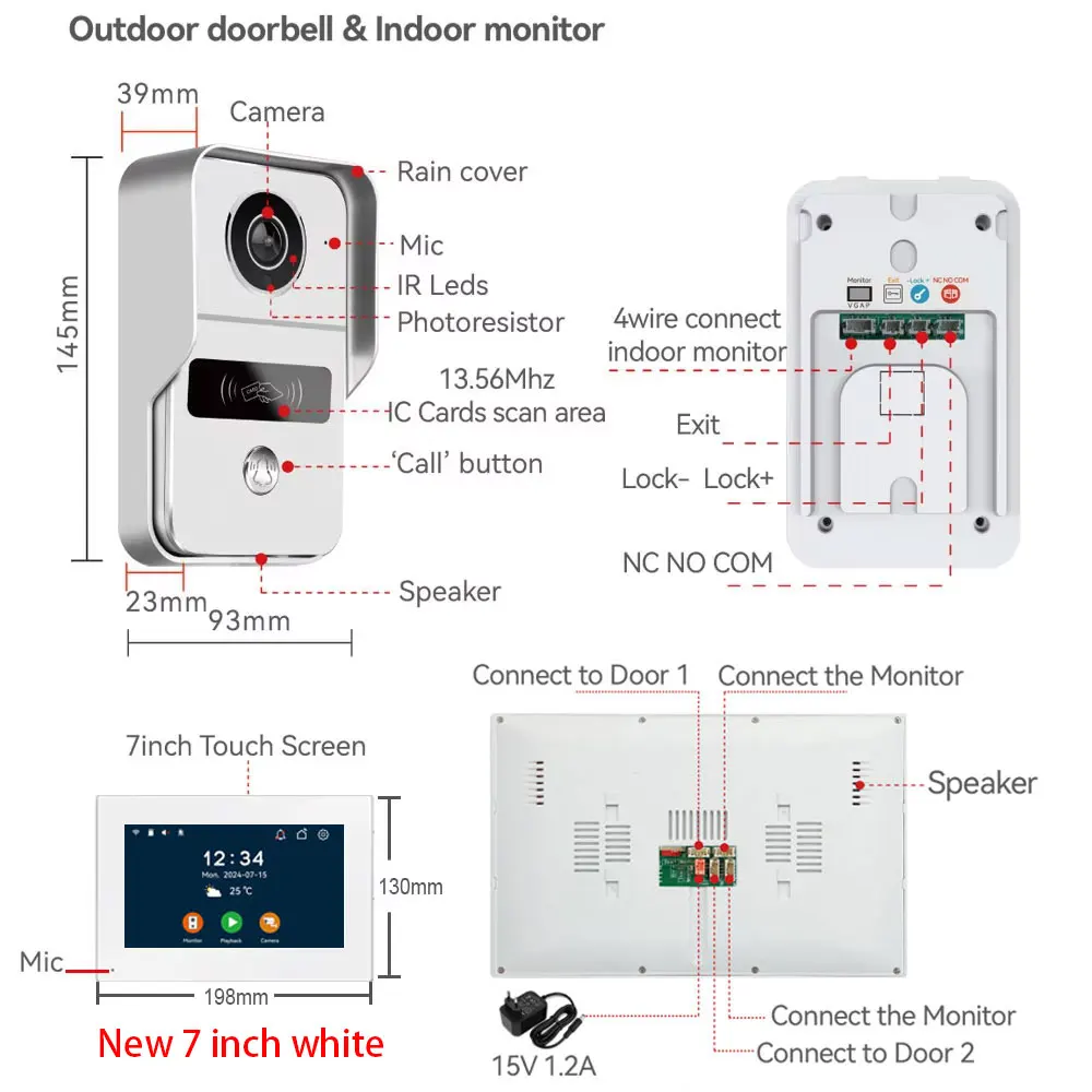 TUYA Wifi Video Doorbell System 1080P Doorphone Door RFID Unlock Camera 7 Inch 2 LCD Touch Screen, Video Intercom Access Control