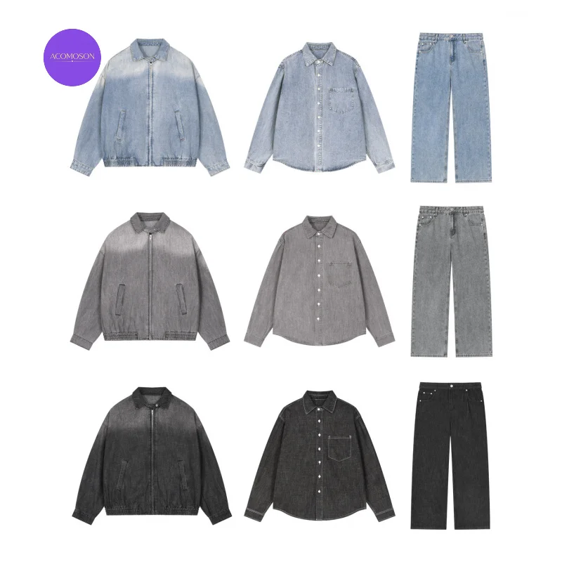 ACOMOSON EU US Size Washed Distressed Denim Jacket Cleanfit Loose Casual Denim Shirt Straight-Leg Pants Three-Piece Jean Set