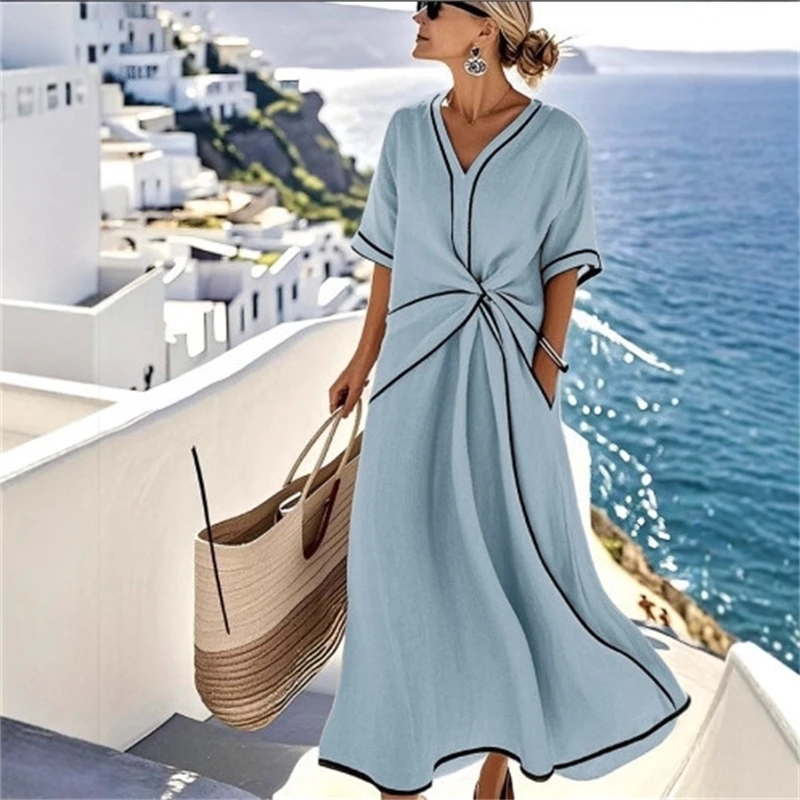 Elegant Striped Print Short Sleeve Woman Dress Casual V Neck Vacation Beach Maxi Dress Summer Boho Loose Irregular A-Line Dress