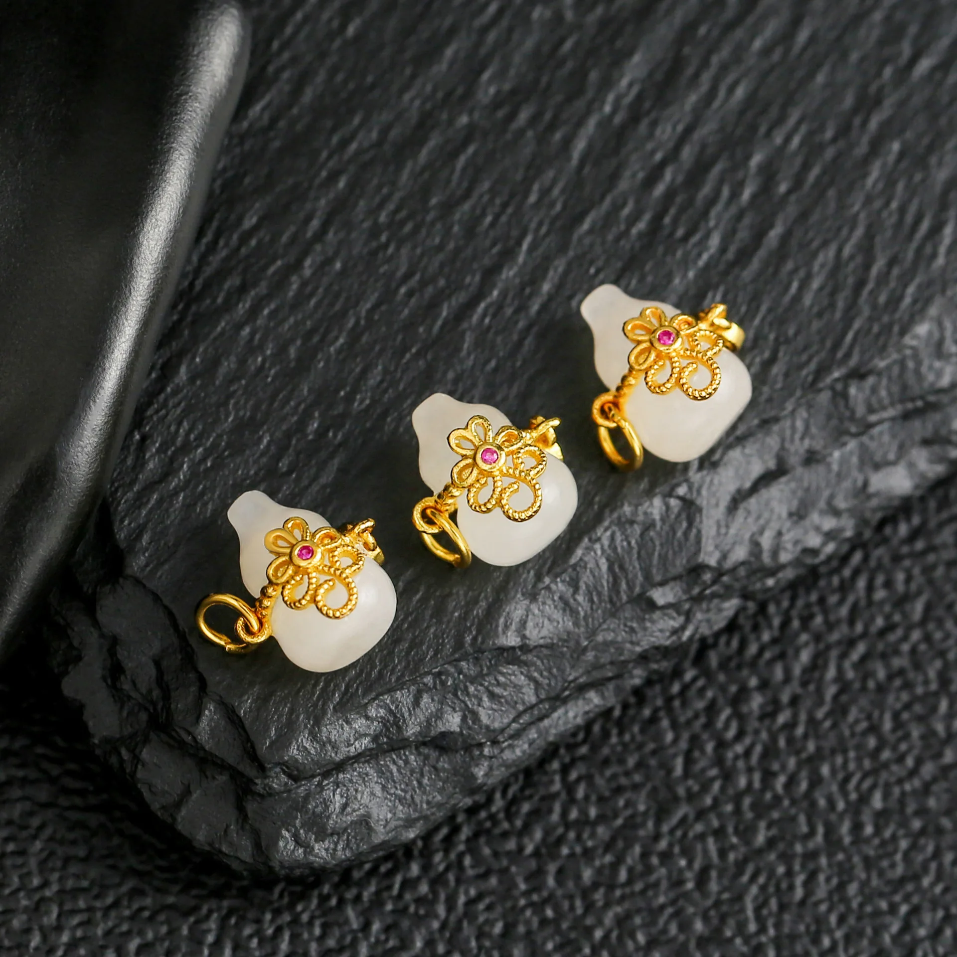 Chinese Style Lucky Fortune Wealth 925 Sterling Silver Gold Plated White Jade Gourd Six Syllable Mantra Spacer Beads For Diy Jew