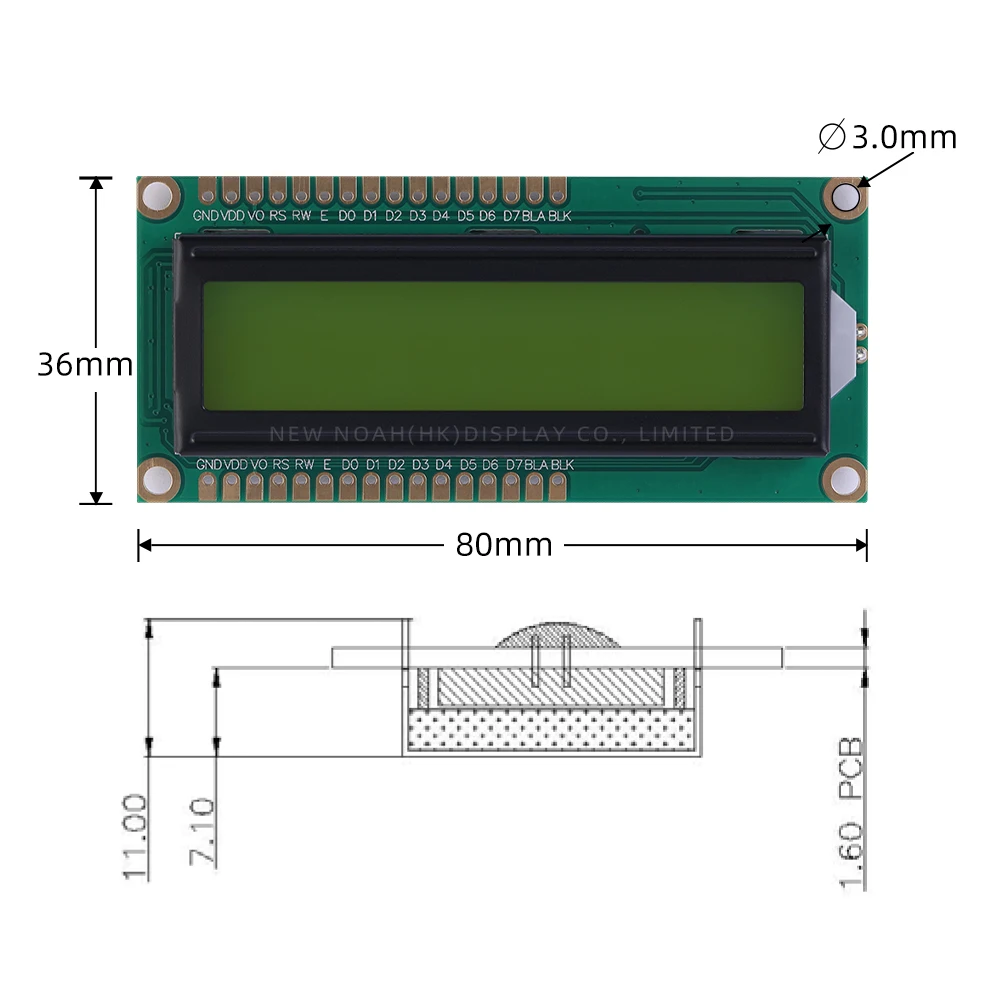 ยุโรปสีเหลืองสีเขียวฟิล์ม 1602A-13 ตัวอักษรหน้าจอ LCD 02*16 LCD 16 PIN 5V ST7066U 80*36*11.1 มม.สนับสนุนScheme Development