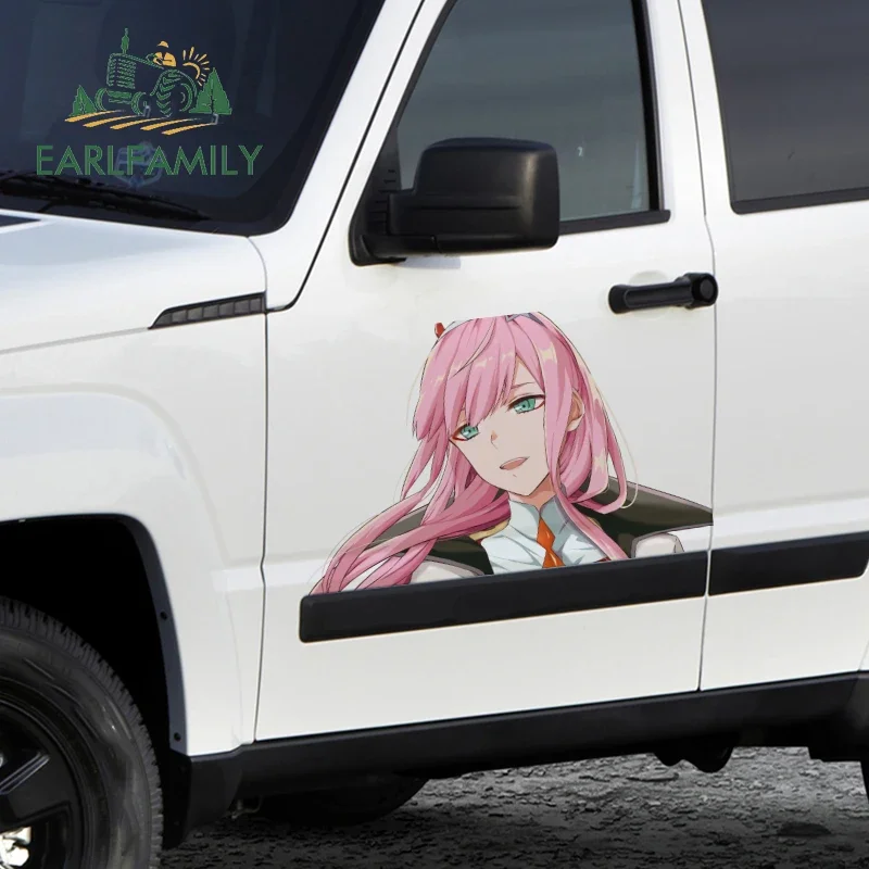 EARLFAMILY 43cm x 26.8cm For Zero Two Funny Car Accessories Stickers Anime Decal Campervan Graffiti Personality Creative Decor