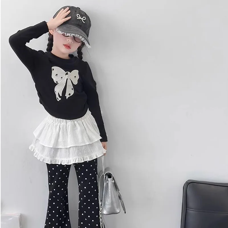 Children's T-Shirts Long Sleeve T-shirt with Bow Print Fall Bow Base Shirt Kids Clothes for Girls T-shirts Kids Items for Girls