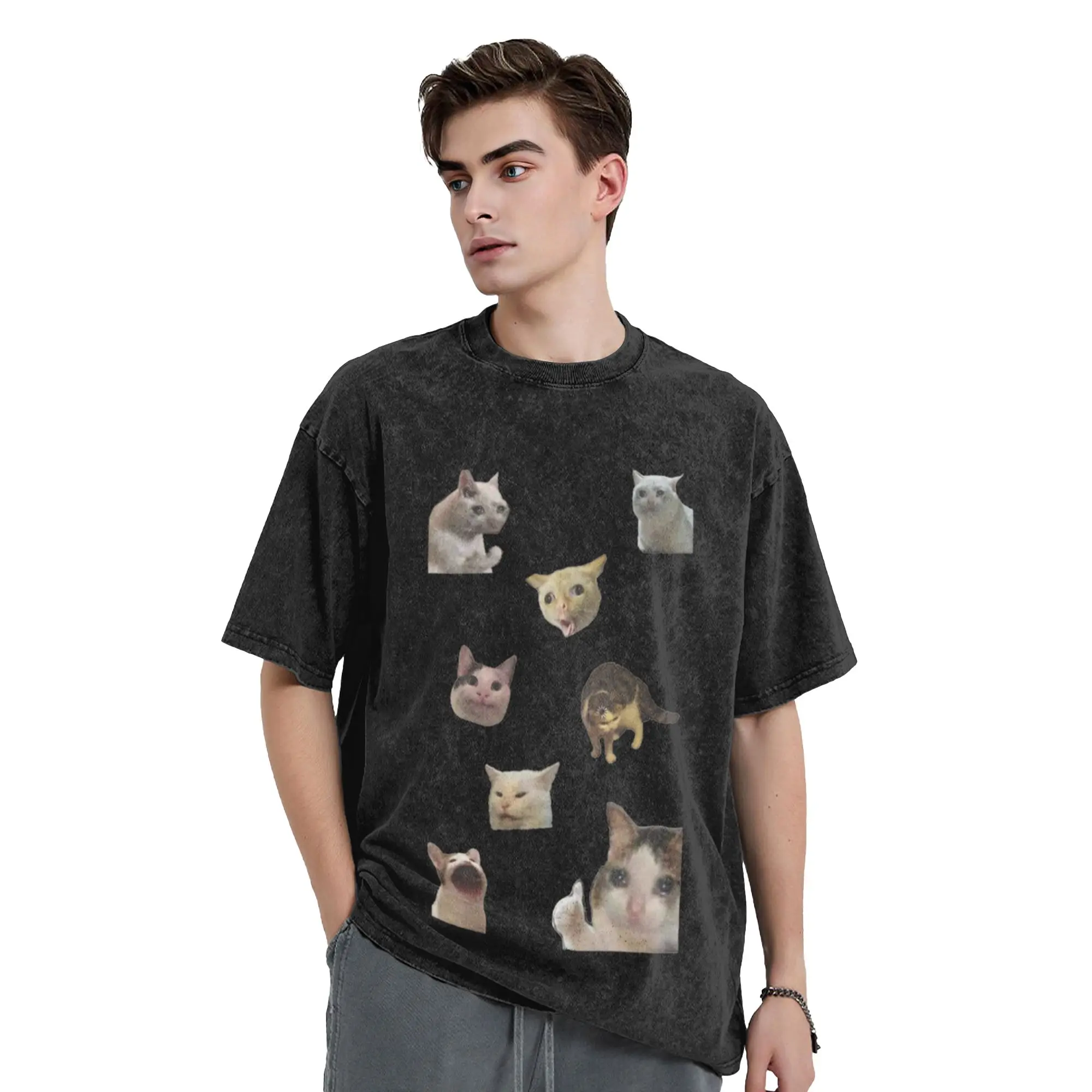 Crying Cat Meme Pack funny cats Classic Trendy A T-Shirt Oversized Short Sleeve Men's Women's Cotton Tees Tops