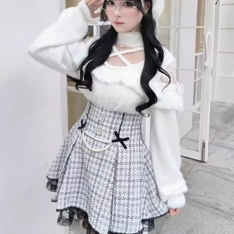 

Комплекты юбок Kawaii Lolita в японском стиле, женские кружевные вязаные свитера с открытыми плечами, топы с бантом, жемчужные клетчатые мини-юбки, готический костюм Y2k