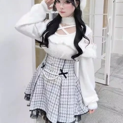 Japanese Style Kawaii Lolita Skirt Sets Women Lace Off Shoulder Knitted Sweater Tops Bow Pearl Plaid Mini Skirts Gothic Y2k Suit