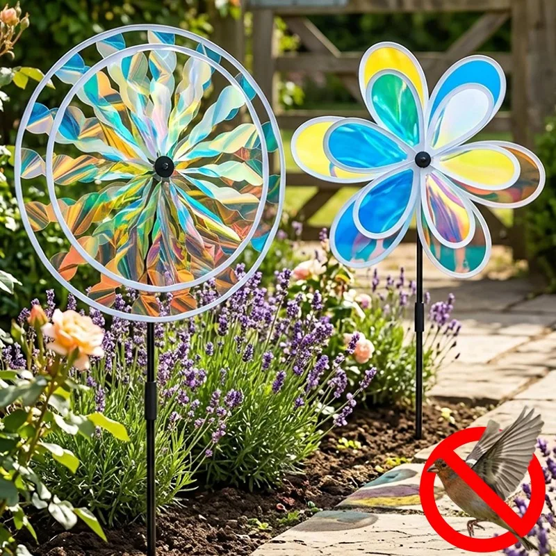 Garden Windmill Bird Deterrent Color Changing Wind Spinner Outdoor Plastic Pinwheel Decoration for Lawn Balcony Plant Protection