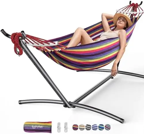 Double Hammock with Stand for 2 Person, 600 lbs Heavy Duty Cotton Bed with Steel Stand, Free Standing for Outdoor