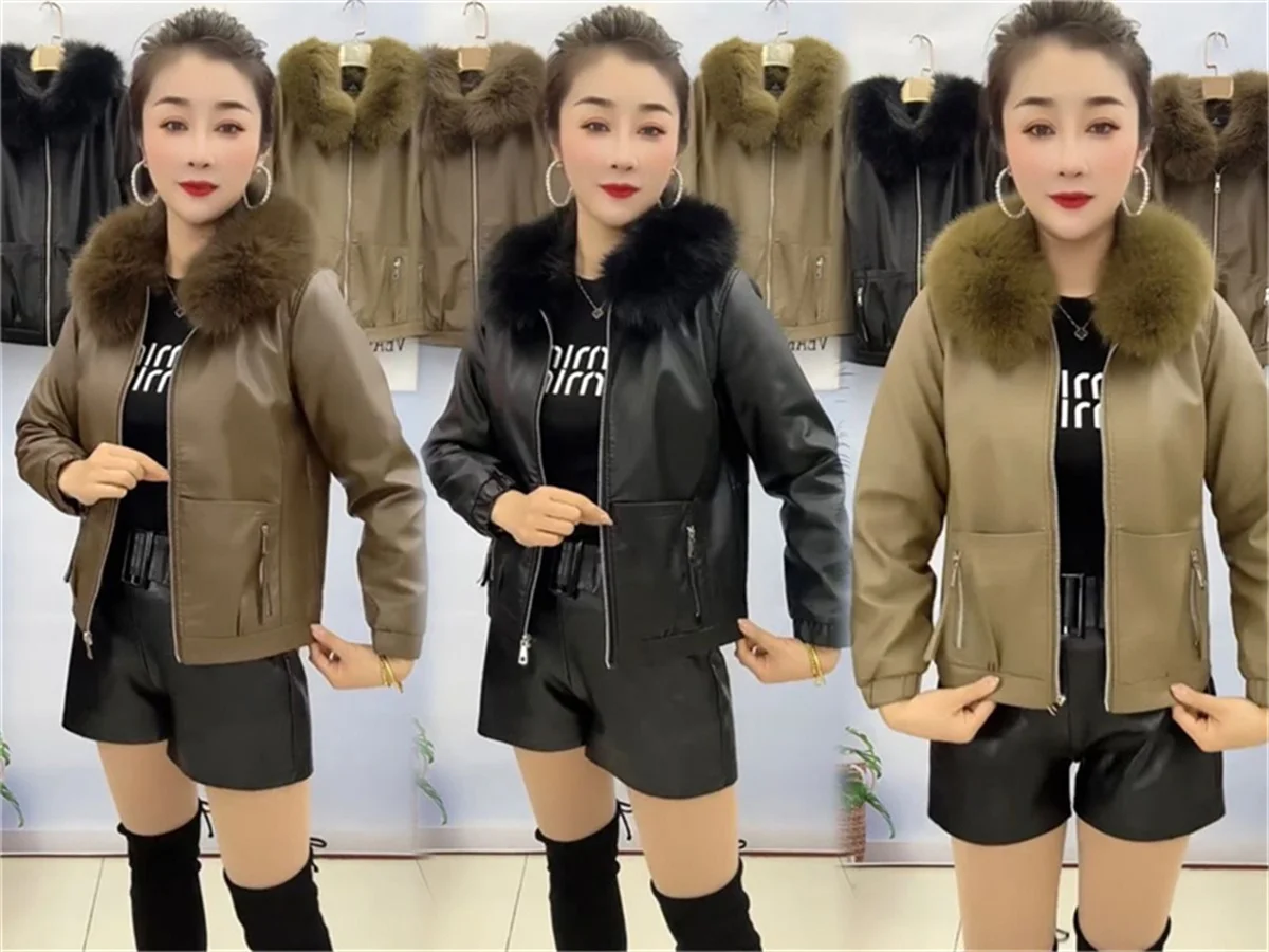 Jaqueta de couro nova jaqueta de couro feminino mais veludo acolchoado novo inverno curto moda destacável gola de pele jaqueta de couro quente