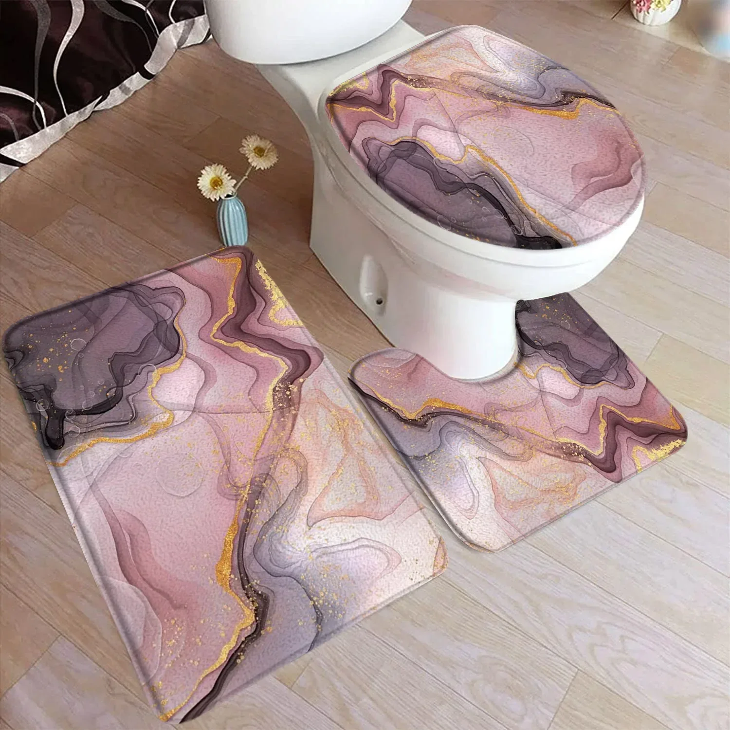 Abstract Marble Bath Mat Set Gold Textured Pattern Modern Geometric Black Carpet Home Bathroom Decor Floor Rugs Toilet Lid Cover