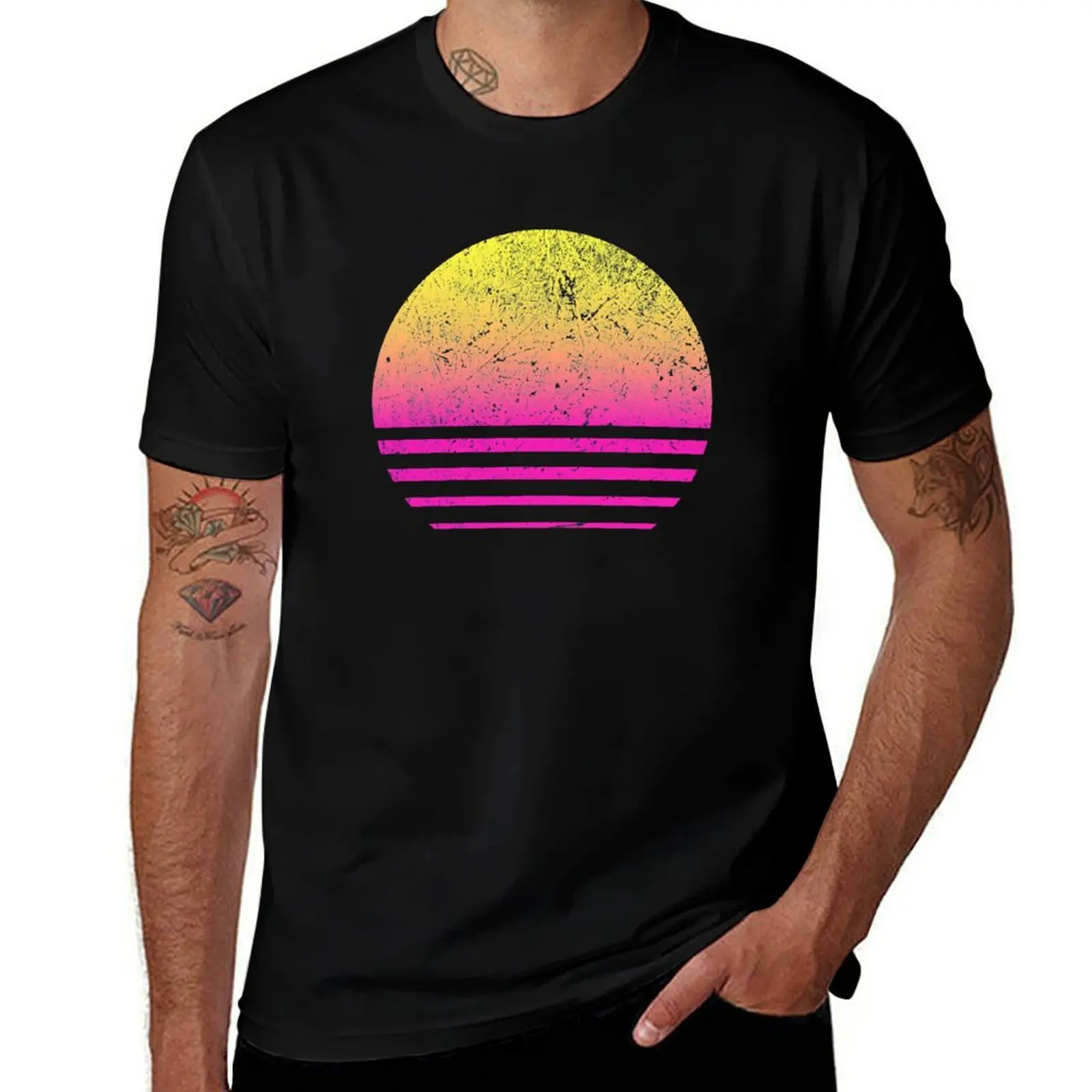 Outrun Retro Sun T-Shirt Large Size Basic Casual T-Shirt