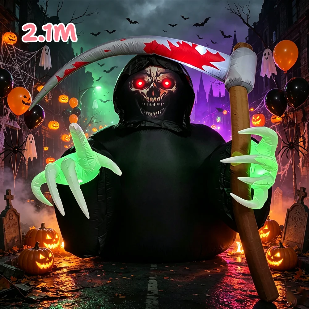 Halloween 2.1M Inflatable Skeleton Death Reaper With Sickle LED Lighting Suitable Courtyard Gardens Counter Window Decoration