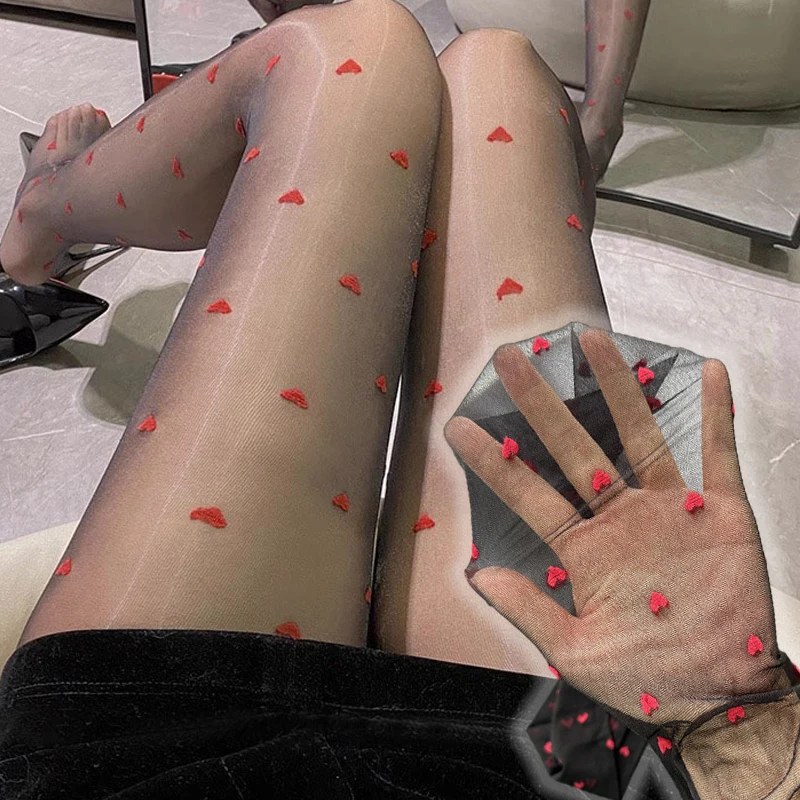 Red Little Heart Silk Sock Women Transparent Ultra-thin Cute Print Anti-hook Super Elastic Black Lolita Pantyhose Tight Stocking