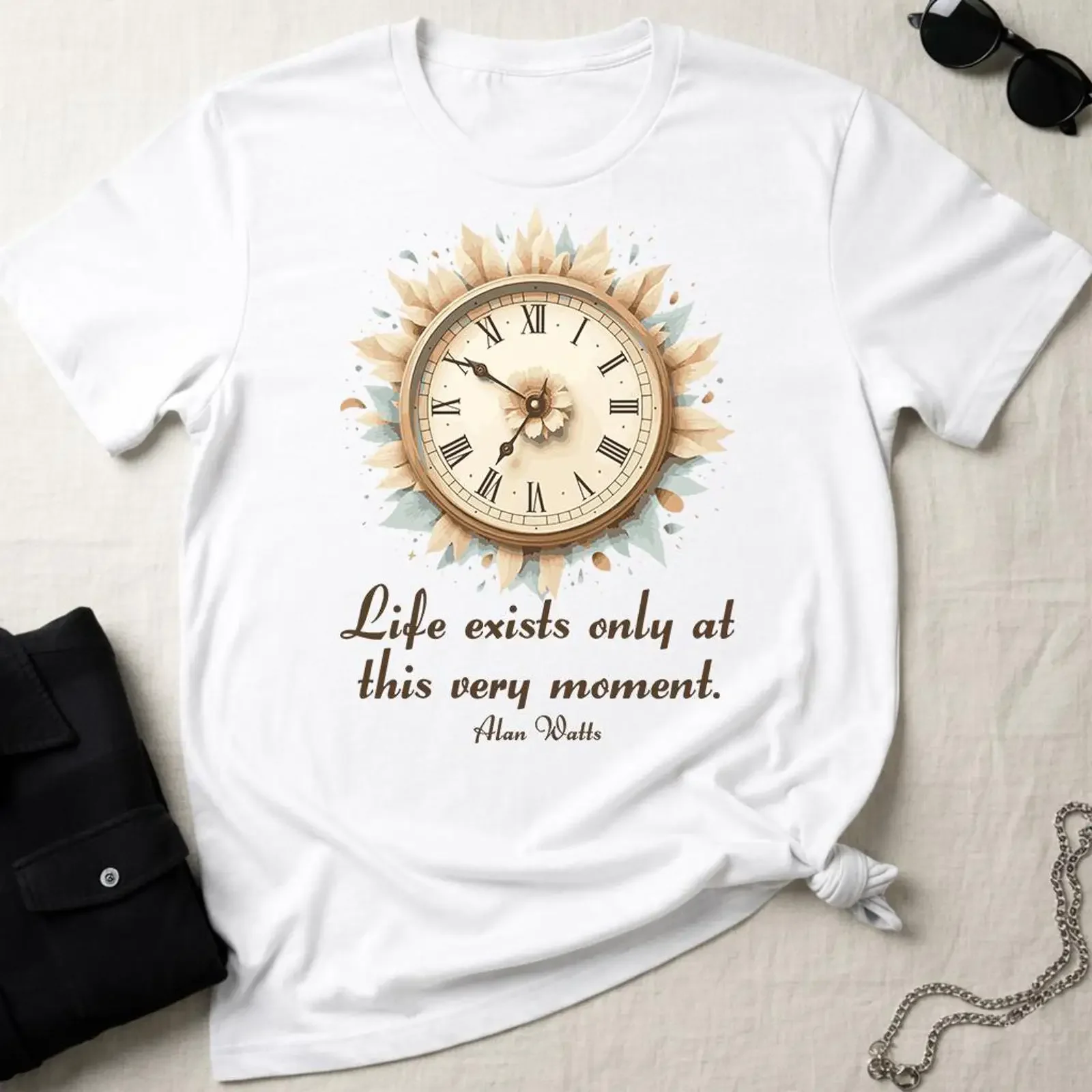 Alan Watts Quote T Shirt Life Exists Only at This Very Moment Mindfulness Clock Design Present  vintage Washed Unisex