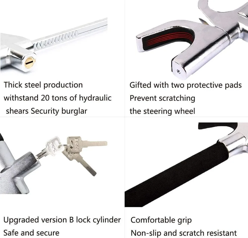 Universal Car Steering Wheel Lock with Safety Hammer, Adjustable Anti-Theft Device, 3 Keys Included