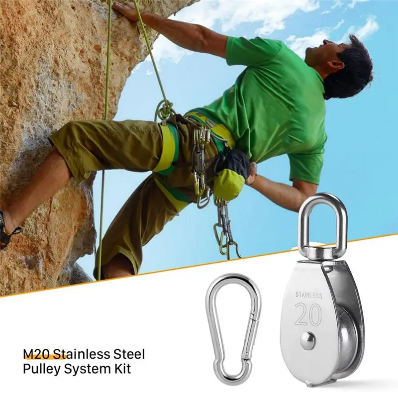 Special Offer~M20 Stainless Steel Pulley System Kit-Heavy-Duty Pulley Wheel, Pulley Block With Nylon Rope 4MM, Hooks, Plate Dura