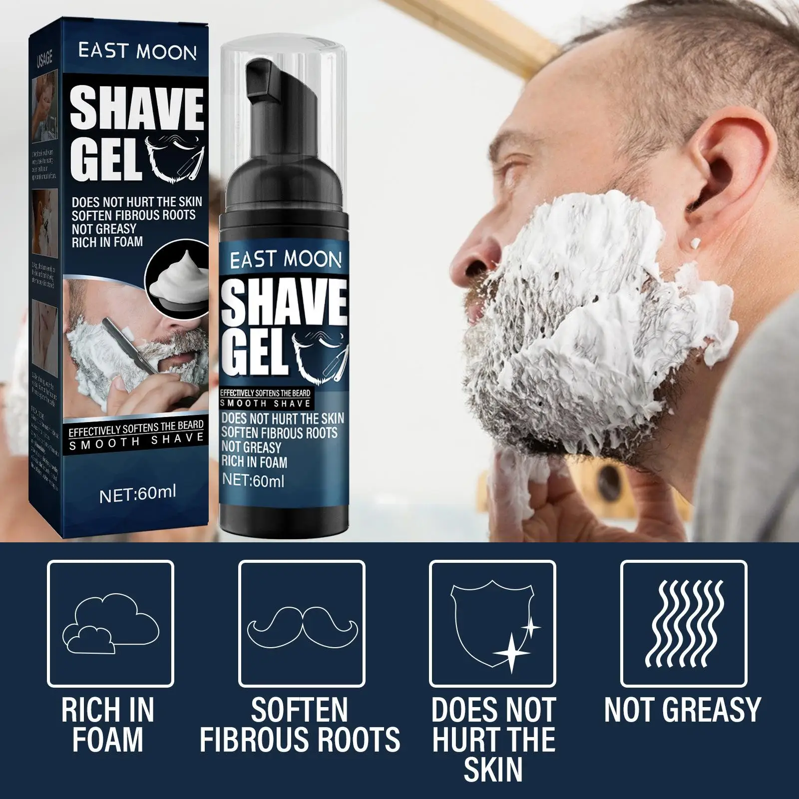 Creme de barbear suave para homens, Gel para barba, Grosso e confortável para barbeiro, 3 peças