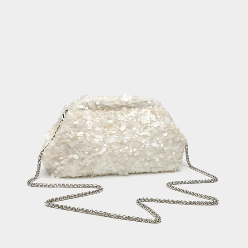 

French Luxury Scale Sequin Shoulder Bag Solid Color Large Capacity Dumpling Shaped Dinner Bag Retro Elegant Chain Crossbody Bag