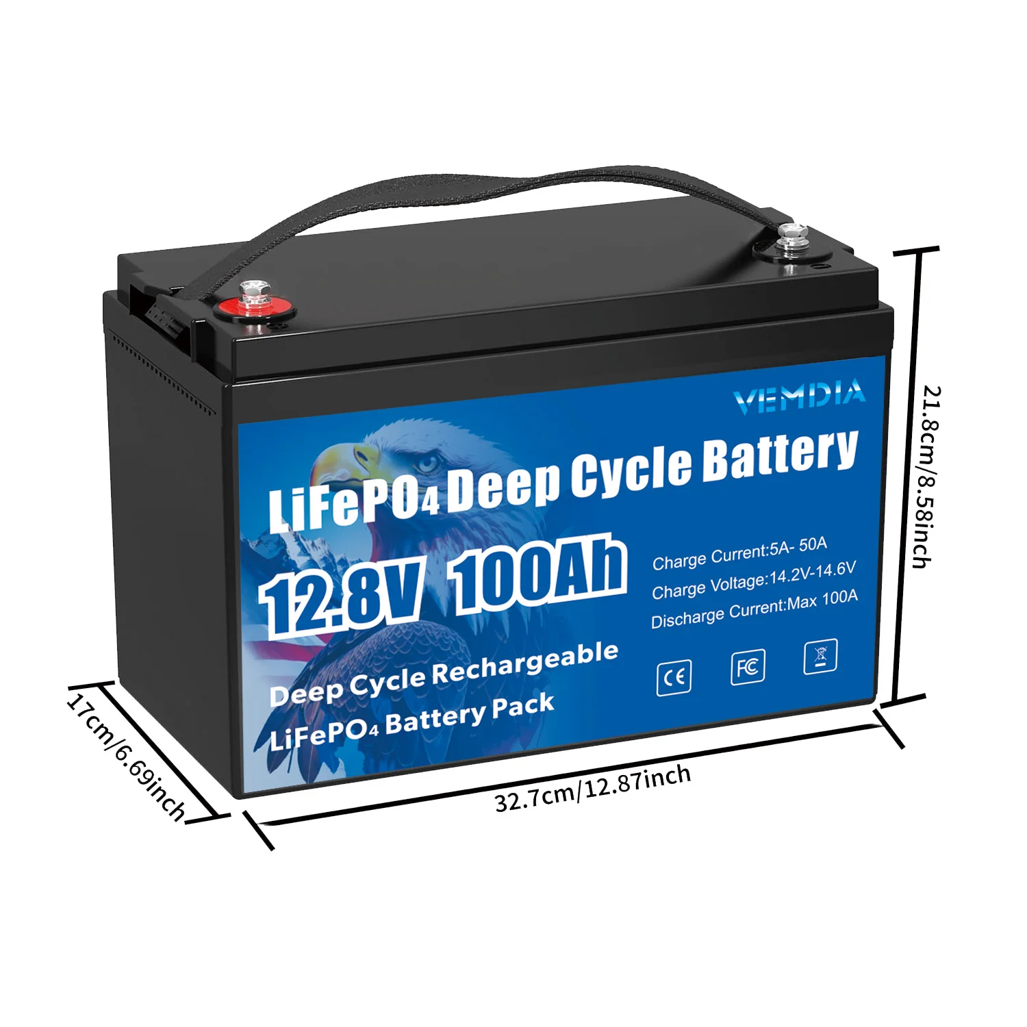 VEMDIA Portable 12V 100Ah LiFePO4 Battery for Golf Cart Boat Off-Road Off-grid Solar Storage