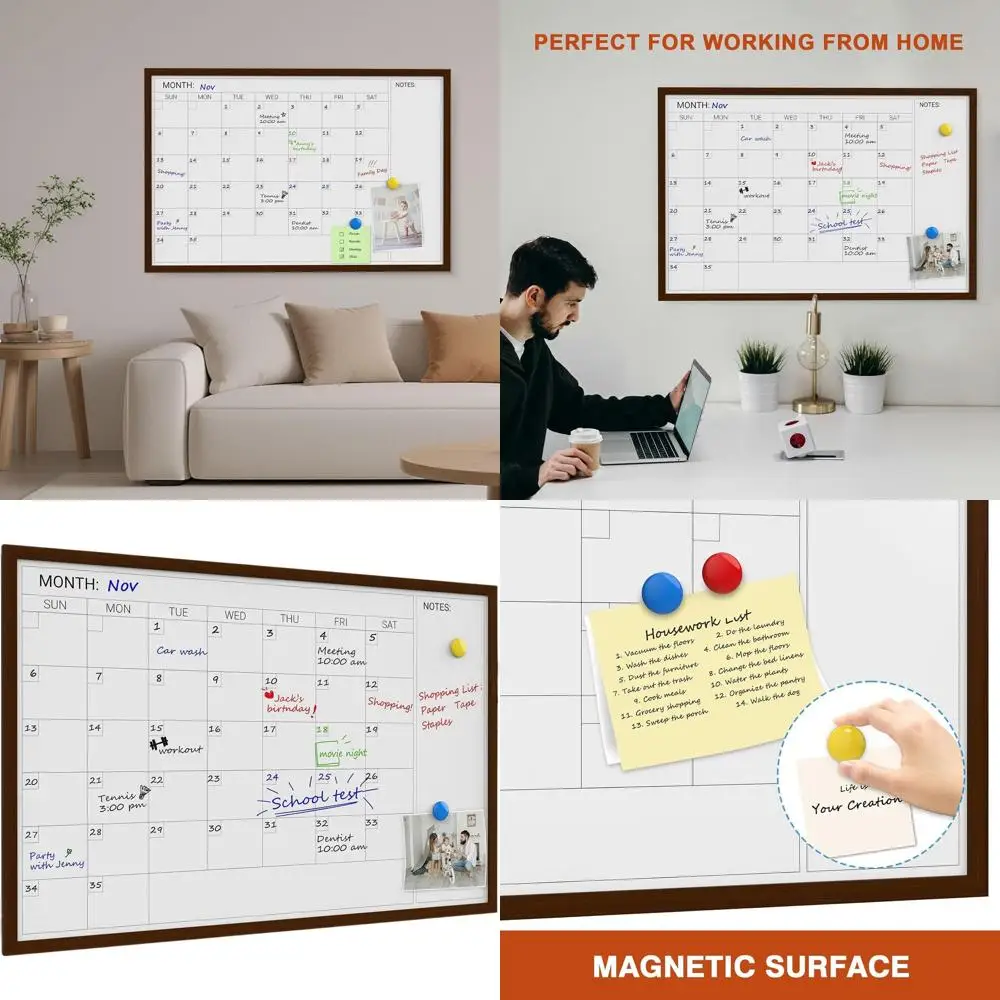 سبورة بيضاء بتقويم مغناطيسي جاف مقاس 36 × 24 بوصة مع إطار خشبي للمنزل والمكتب والمدرسة