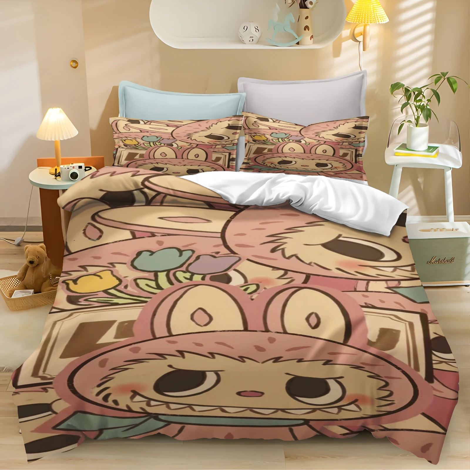 Comforter dos desenhos animados das crianças, Pop Impresso Fronha, Capa de edredão, Consolador, Home Bedding Set, Quarto Adulto, Labubu