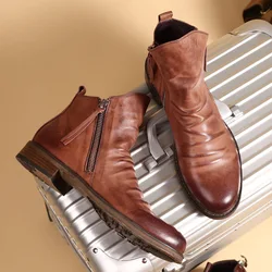 Europe Style Mens Fashionable Pleated Boots Double Zipper Boot Slip On Motorbike Shoes