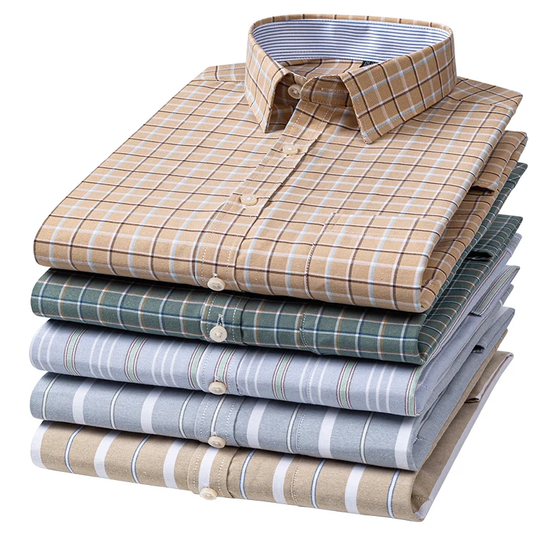 Summer New Men's Oxford Shirts Short Sleeve 100% Cotton Plaid Soft Regular Fit Formal Dress Shirt Social Blouse Male Clothing