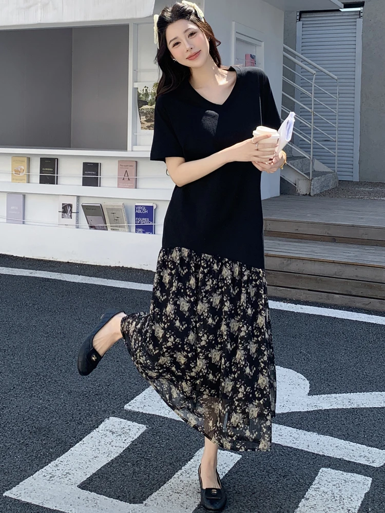 NYFS حجم كبير فستان نسائي فضفاض صيف 2025 كوريا نمط قصير الأكمام الخامس الرقبة المرقعة الزهور فستان طويل رداء Elbise #5