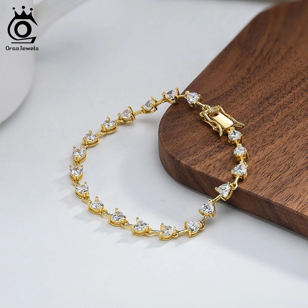 

ORSA JEWELS High-quality Heart Tennis Bracelet Original 925 Sterling Silver Shiny Fashion Heart Bracelets Zircon for Women SB211