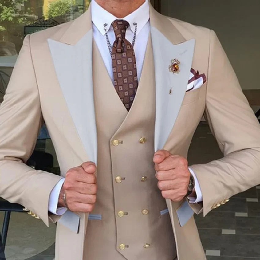 Traje ajustado amarillo claro para hombre, esmoquin Masculino con solapa gris, chaqueta, chaleco y pantalones, ideal para boda y graduación, hecho a