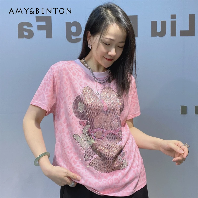 

Women's Leopard Print Floral Crew Neck Short Sleeves T-shirt New Summer Premium Hotfix Rhinestone Fashion Top Y2k Clothes Tshirt