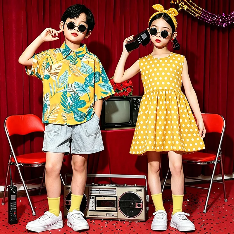 Conjunto de Roupa Retrô de Performance para Crianças Meninos e Meninas, Estilo Hong Kong, Traje Vintage para Apresentação, Fi...