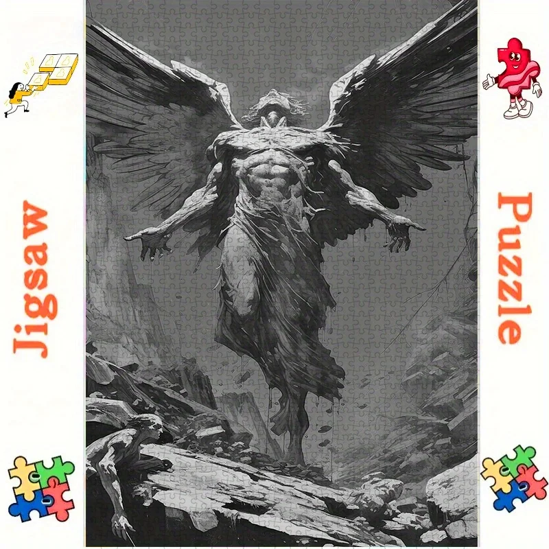 Monochromes Puzzle mit gefallenen Engeln in einer Ruinszene, Puzzle für Erwachsene, dunkles Fantasy-Thema, geistiges Spiel, Heim- und Freizeit-Dekorationspuzzle, T